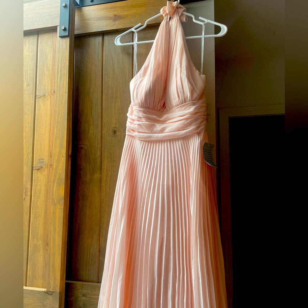 Donna Morgan blush pink pleated halter dress (green dress picture is same)